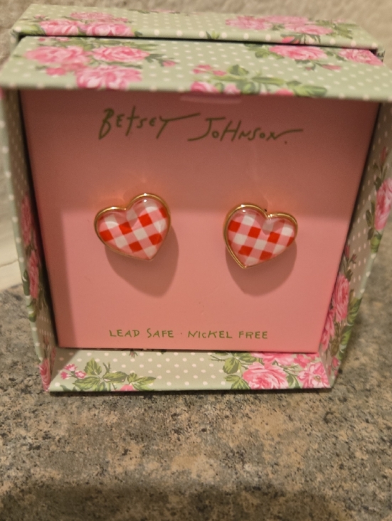 Betsey Johnson Jewelry - Betsey Johnson Red and White Gingham Heart Stud Earrings Nickel Free Brand New